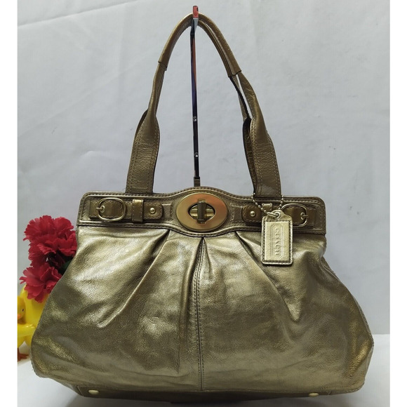 Coach Garnet Metallic Gold Leather Turnlock Double Handle Satchel Shoulder Bag - Picture 1 of 16